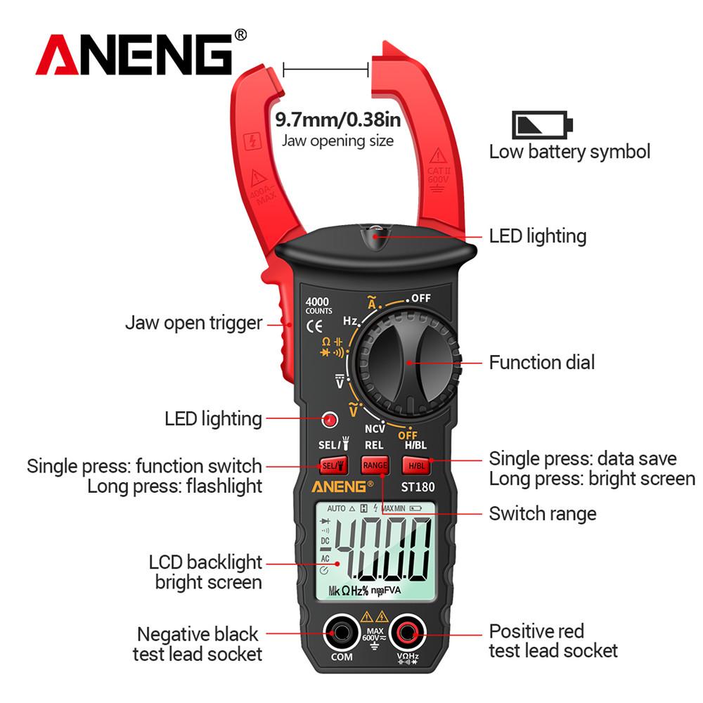 Portable Clamp Meter ANENG ST180 Digital  Multimeter AC Current Meter 4000 Counts  Ammeter Voltage Tester Amp Hz Capacitance NCV Ohm Tool LCD Display