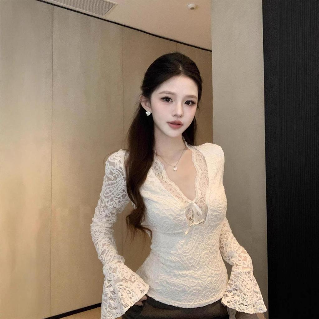 Women’s Winter Slimming V-Neck Lace Top with Bell Sleeves