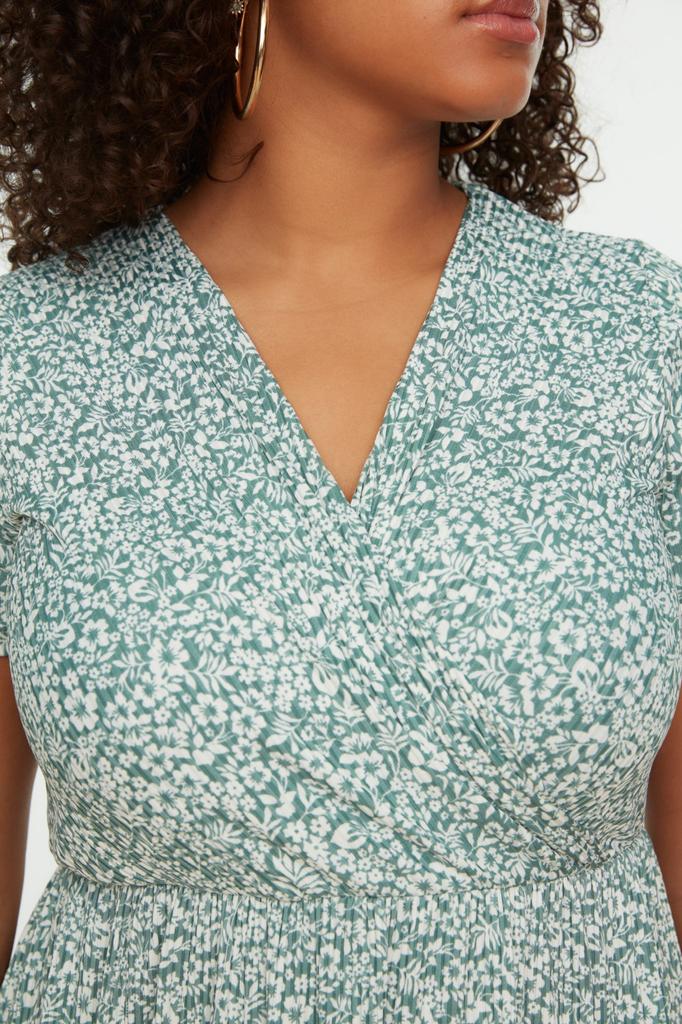 Damenmode Neues Plus-Big-Size-Kleid Grünes Strickkleid mit V-Ausschnitt und Blumenmuster