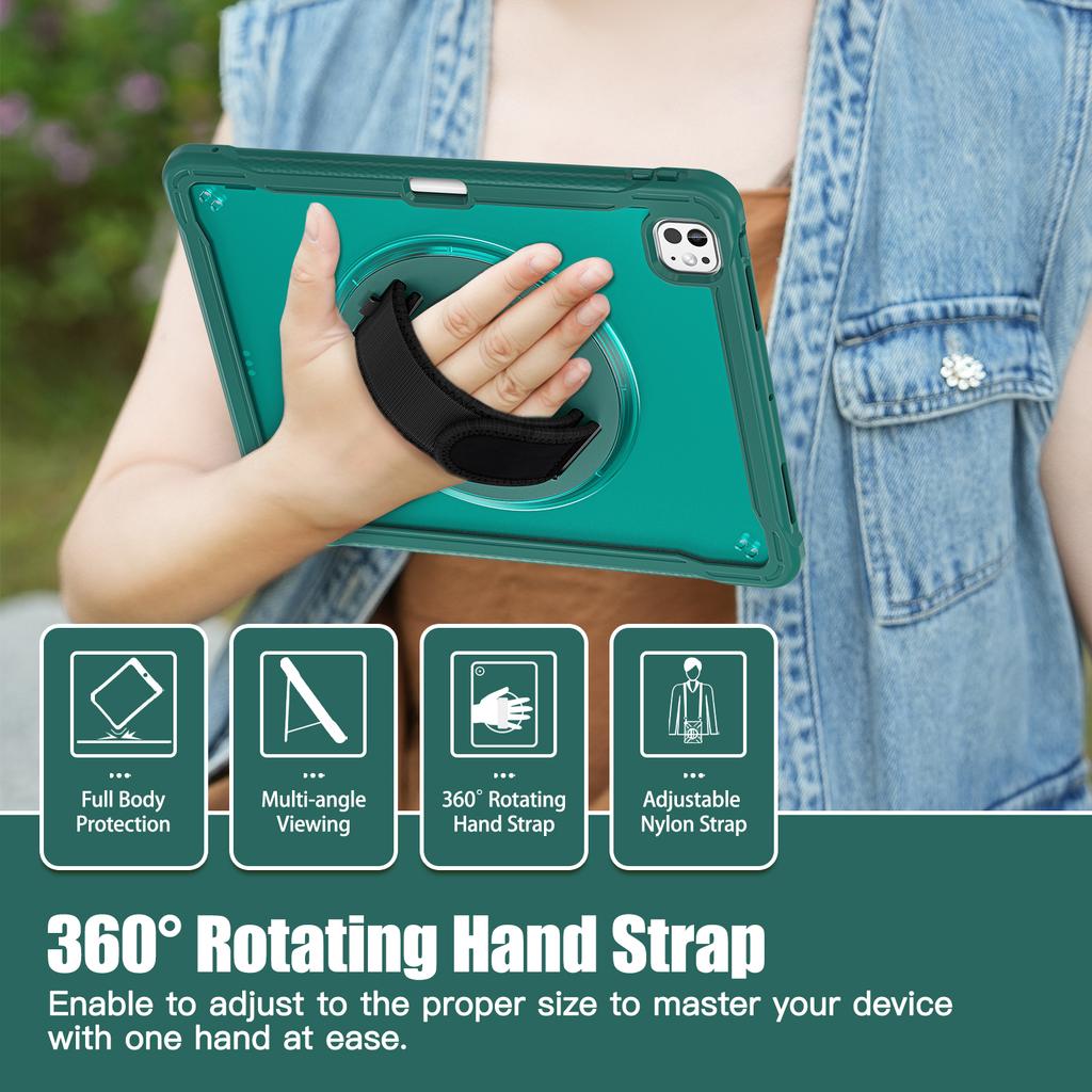 For iPad Pro 13 (2025)/(2024) Case Kickstand PC+TPU+Silicone Tablet Cover with Rotary Hand Strap