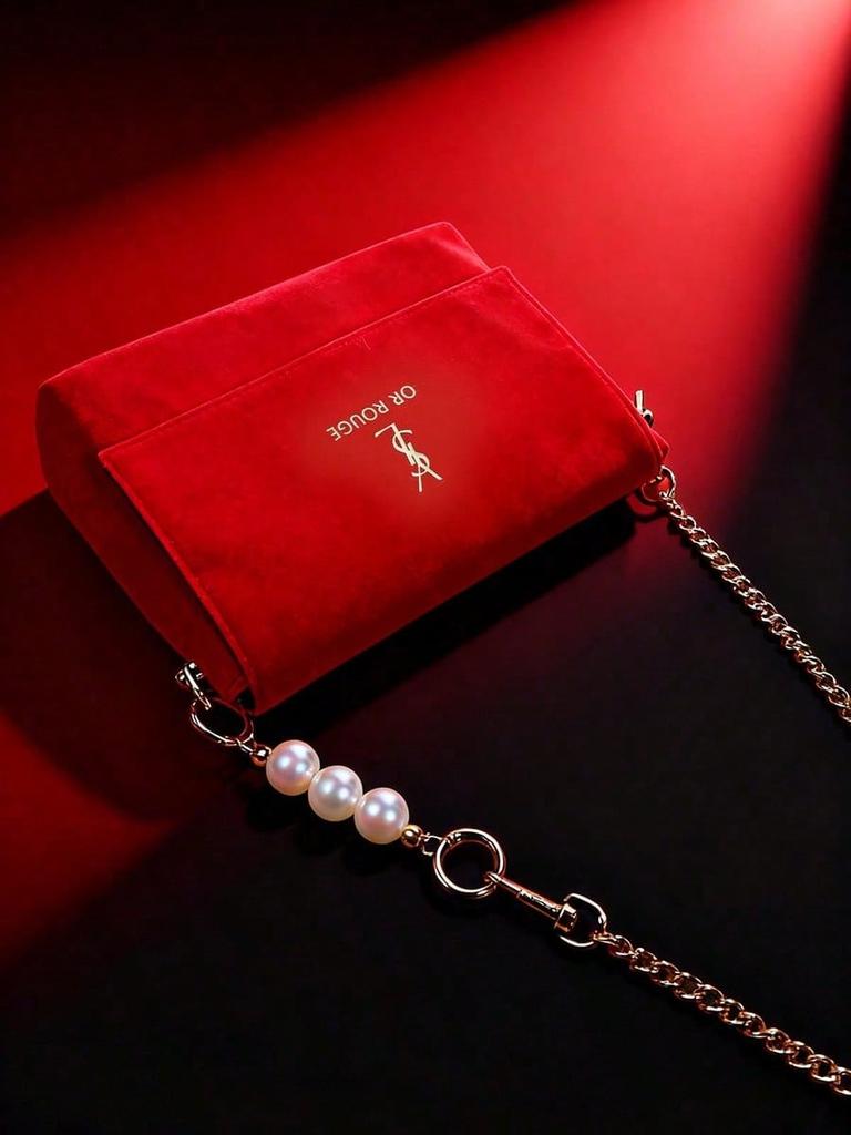 YSL Red Christmas Handbag, Shoulder Bag/Crossbody Bag with Gold Logo, Flap Closure, Luxurious Holiday Makeup Bag, Women's Christmas Gift