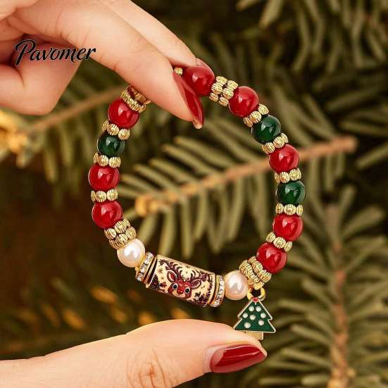 Christmas Beaded Bracelets for Women Bracelet, Elastic Stretch Bracelet with Xmas Holiday Party Outfit Accessories Tree Charm, Jewelry Gifts Men Alloy