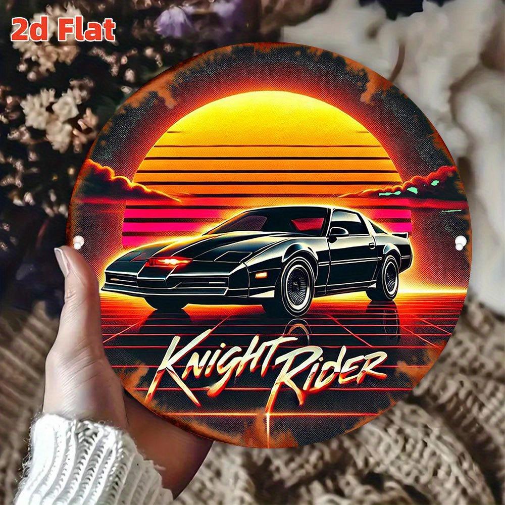 Retro Knight Rider KITT Car Synthwave Sunset Round Metal Tin Sign s TV Show Themed Wall Decor for Garage Man Cave Home The