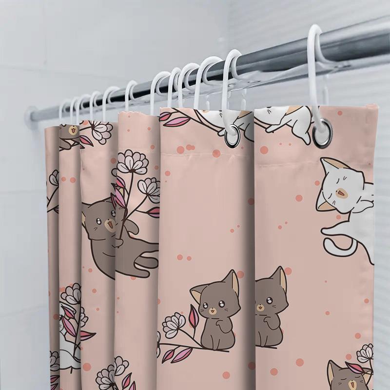 Kawaii Cats Shower Curtain Pink Floral Print Home Decor Waterproof Fabric Bathroom Shower Curtains For Kids Girls Gift
