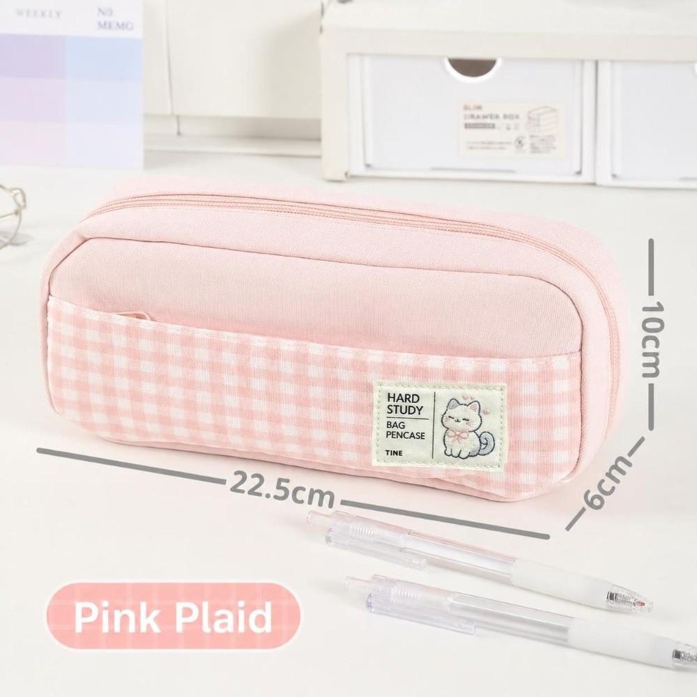 Gingham Check Pencil Case Pastel Color Pencil Pouch Portable Stationery Storage Bag  Back To School