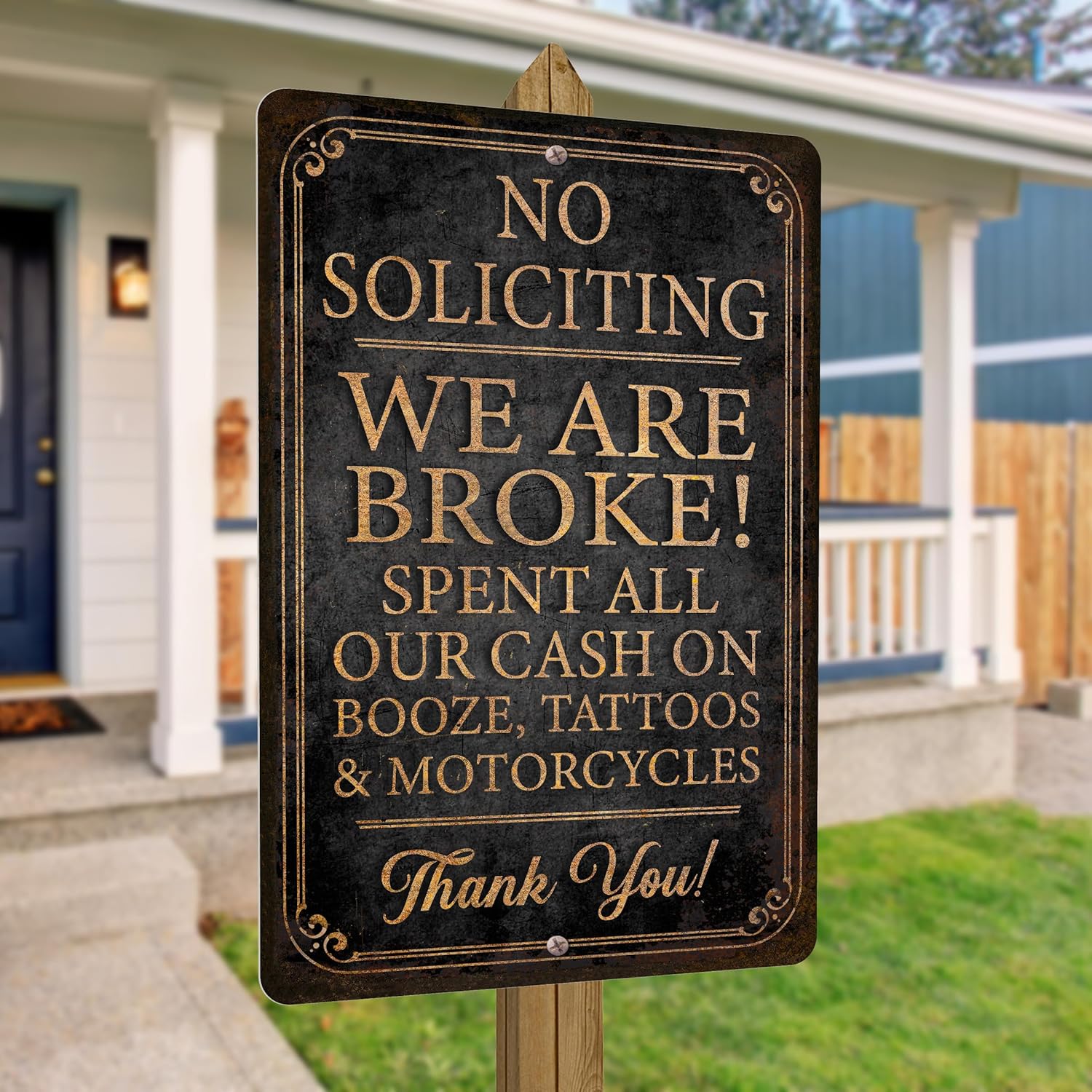 

1vNo Soliciting Funny Metal Sign We Are Broke Design 12 x 18 Inches Distressed Black and Gold Made in USA 7 Booze Tatoos 20x30cm（7.8x11.8inch）