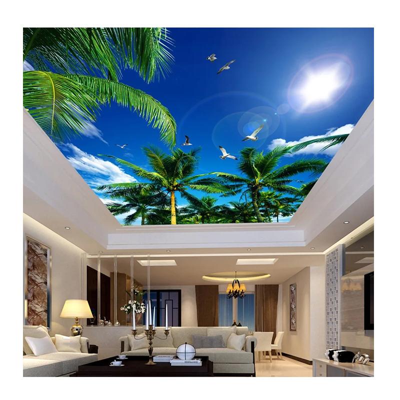 

Blue Sky Ceiling Wallpaper White Clouds Coconut Trees Seagull Mural Bedroom Living Room Ceiling Wallpaper 200 cm(W) x 140 cm(H)