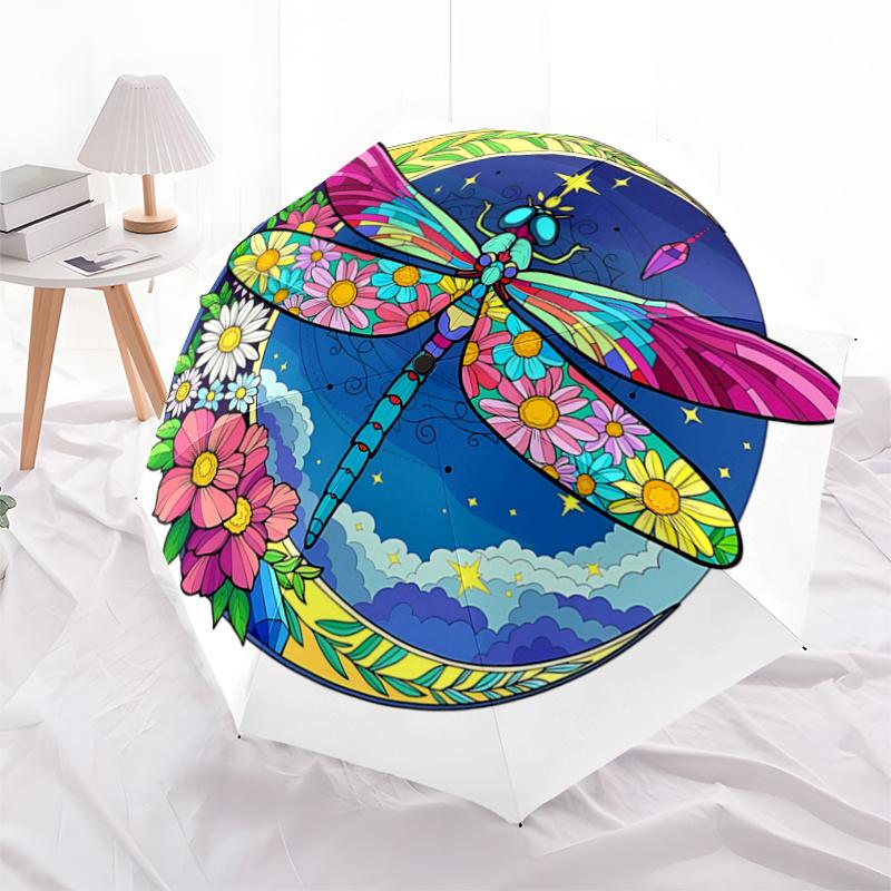 Colorful Dragonfly & Flower Design Automatic Opening Folding Umbrella with 8-Bone Iron Frame, Suitable for Fans, Travelers, Daily Use, and G