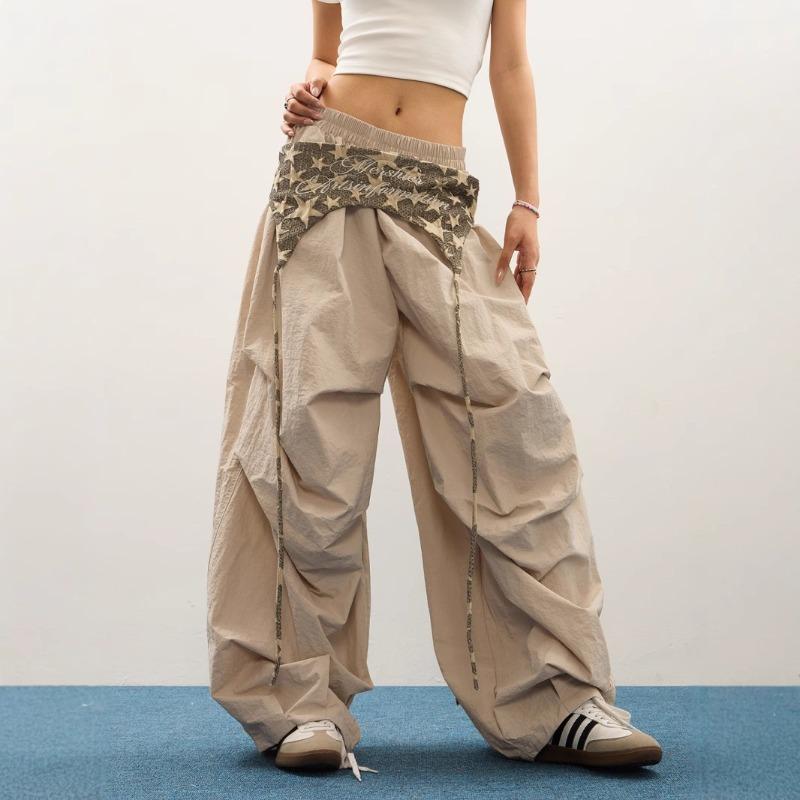 Stacked design letter print casual pants mopping pants women's summer wide-leg pants high waist loose overalls trousers