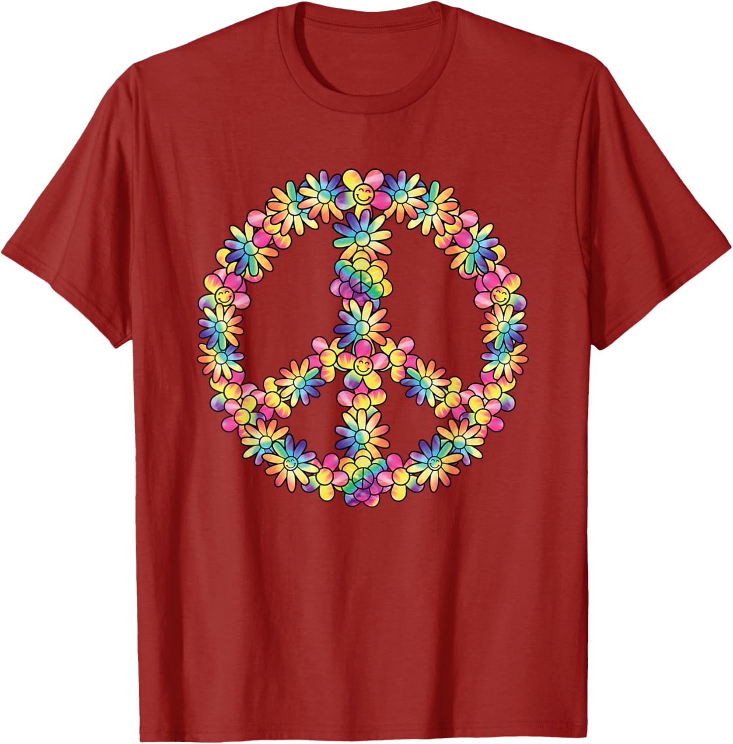 Hippie Peace Sign Flower Tie Dye Graphic Tee Retro Groovy Style Short Sleeve T-Shirt for Trip S