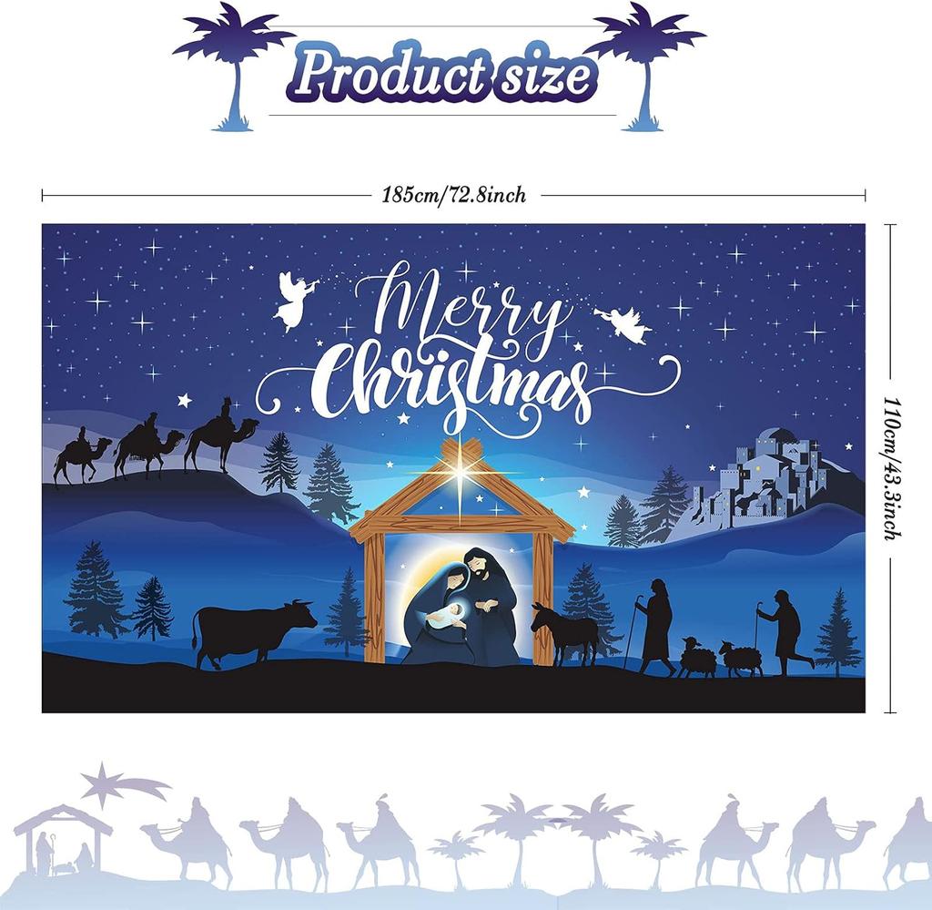 1pc Merry Christmas, Nativity Scene Polyester Background Fabric - Blue background Christmas Party Decoration and photography