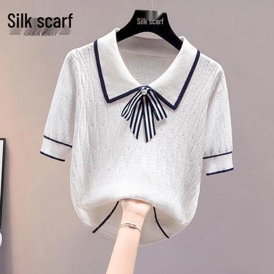 Top a Polo in Maglia Manica Corta da Donna Siboshe con Fiocco Color-Block