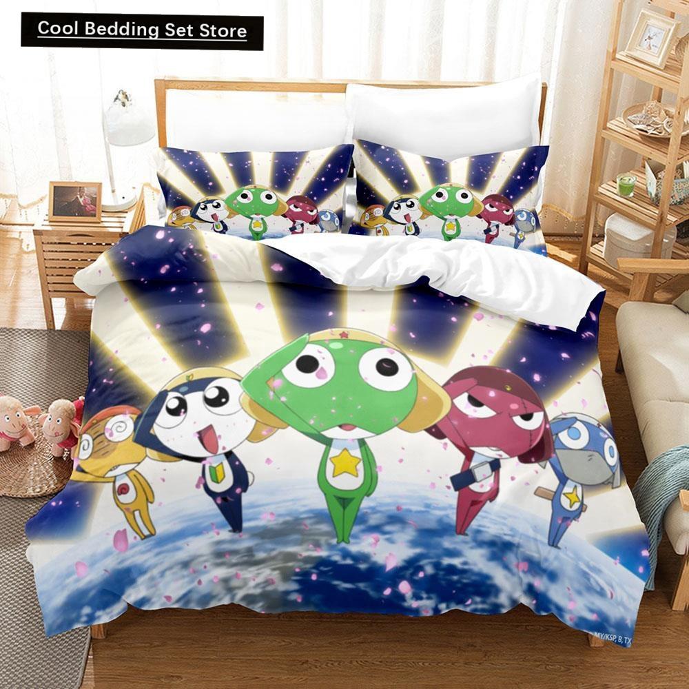 3D Kawaii Cartoons Bed Sheet Keroro Frog Bedding Set Single Twin Full Queen King Size Bed Set Adult Kid Bedroom Duvet Cover Sets