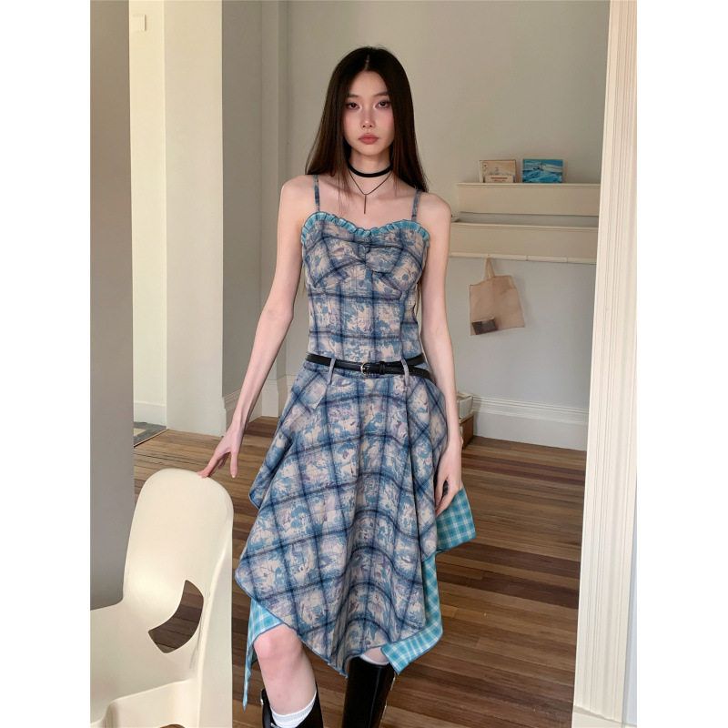 Real Shot of In-Stock Spring/Summer Design-Inspired Blue Tie-Dye Patchwork Plaid Strap Dress for Women Belt S