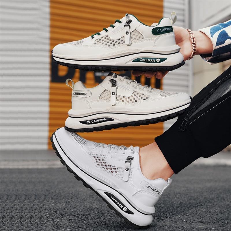 Large Hole Mesh Men's Shoes Summer Breathable Sports Shoes Men's Thick-soled Trendy Shoes Student White Shoes