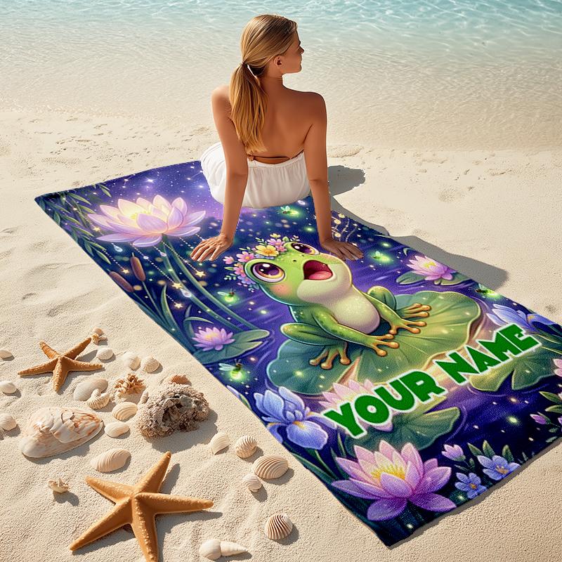 1PC Custom Name Frog Garden Beach Towel Highly Absorbent And Sand-Resistant Towel for Swimming, Pool, Yoga, And Travel Lightweight