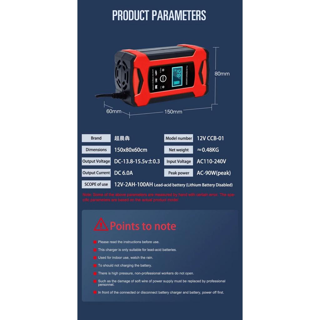 2V 6A Autobatterieladegerät Intelligent Schnellladung Impulsreparaturtyp Vollautomatischer Stopp Dual-Modus Blei-Säure für Motorrad LKW
