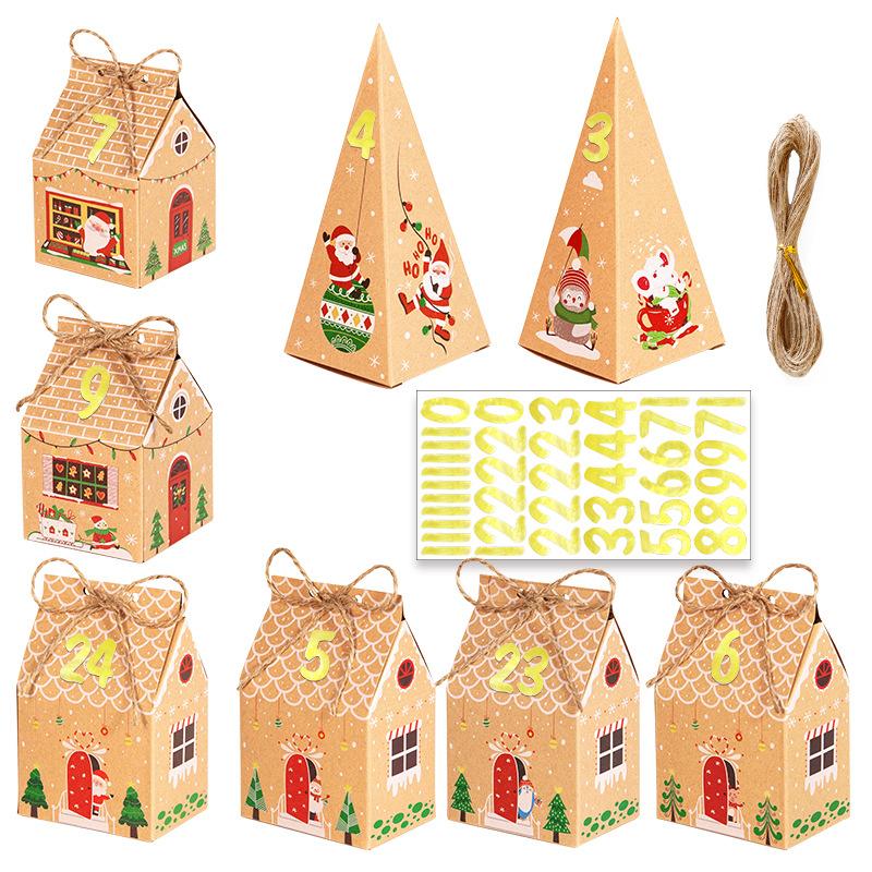 Christmas Gift Boxes Advent Calendar Gingerbread House Paper Box Xmas New Year Party Packaging Supplies Package Bags 24pcs Mixed