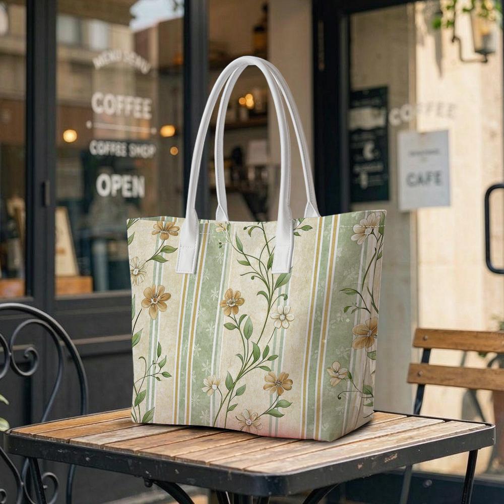 Vintage Floral Striped Shoulder Tote Bag Daily Casual Large Capacity Women Handbag for Outdoor Travel Commute