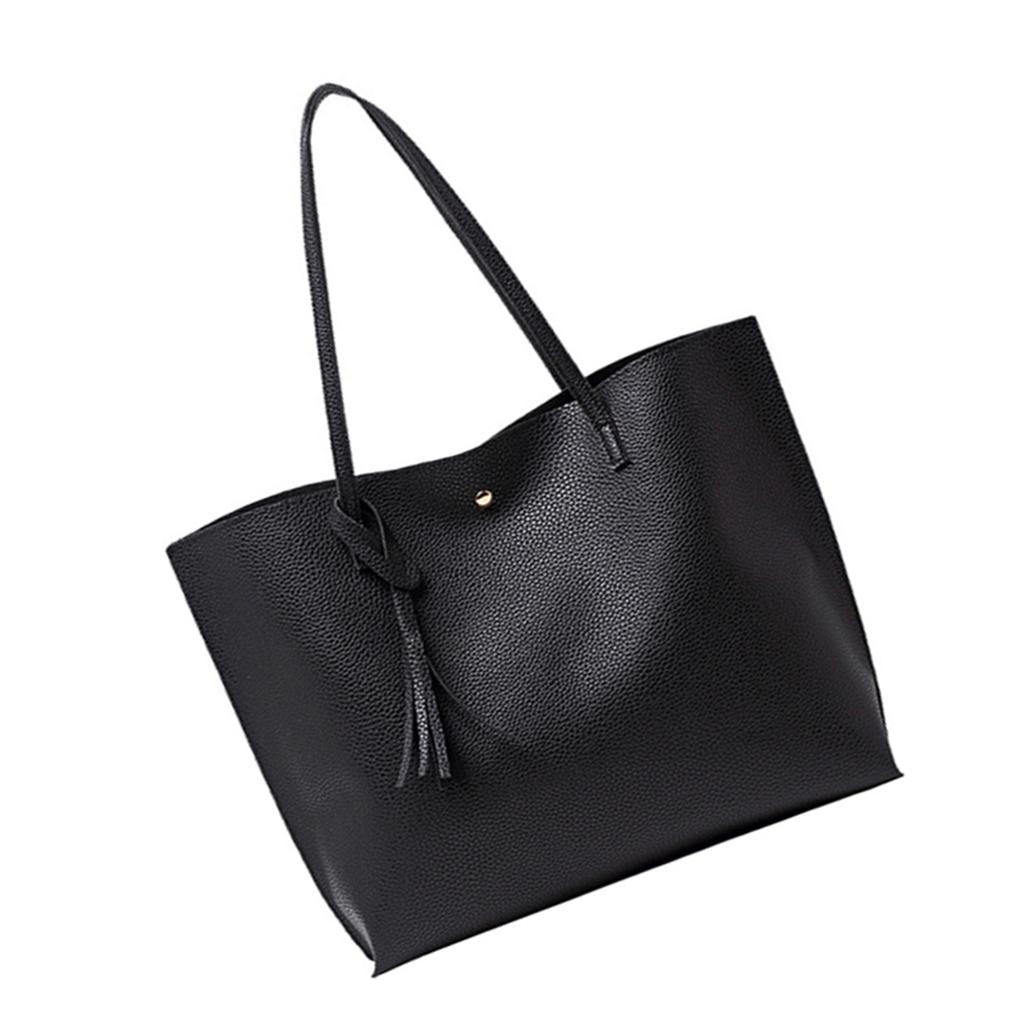 Women Tote Bag Large Capacity Black Simple Trendy PU Handbag Practical Tote Shoulder Bag Black Free Size