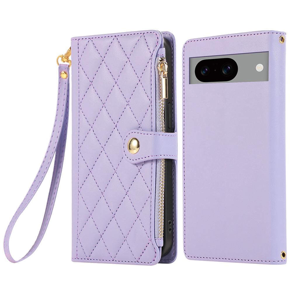 For Google Pixel 8a Case Multi Card Slots Zipper Rhombus Leather Phone Cover with Wrist Strap