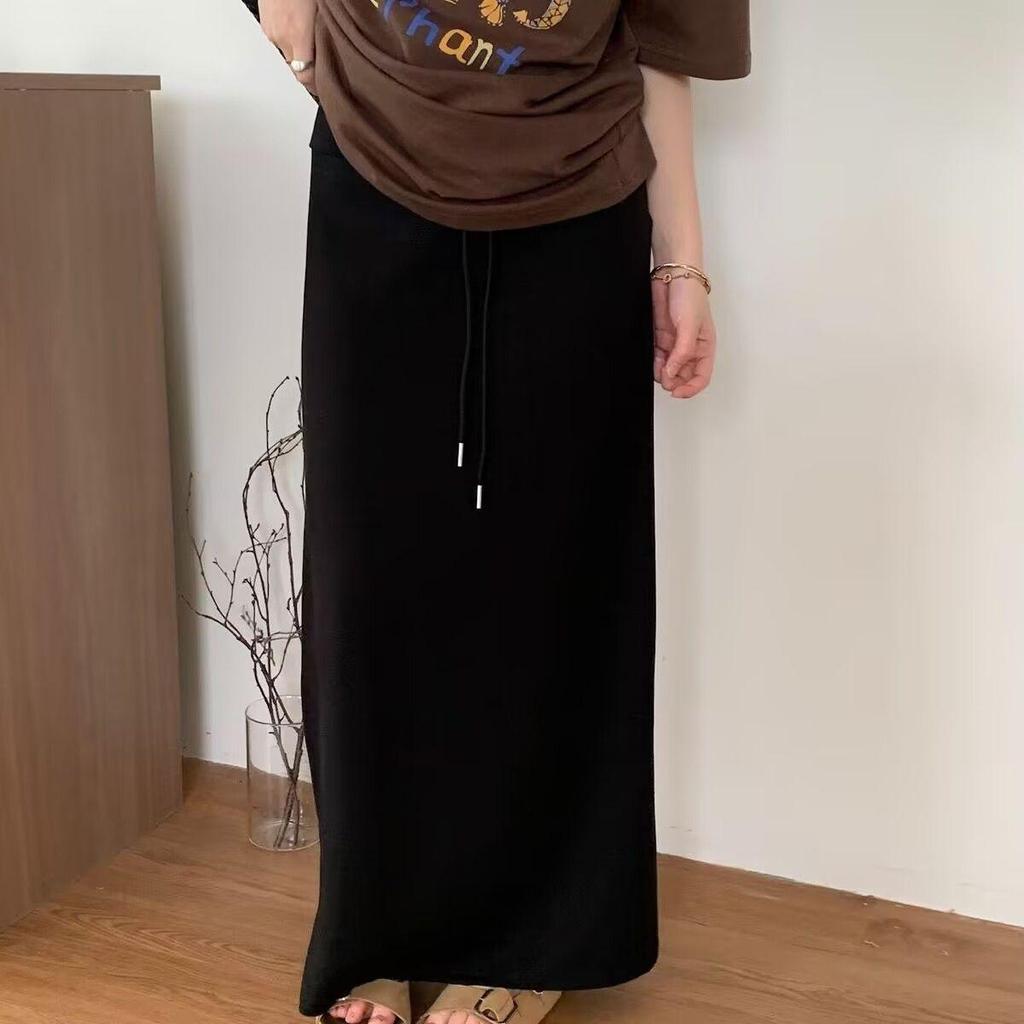 Fustă Midi din Bumbac cu Talie Elastică Înaltă, cu Șnur, Drapată și cu Șliț A-Line