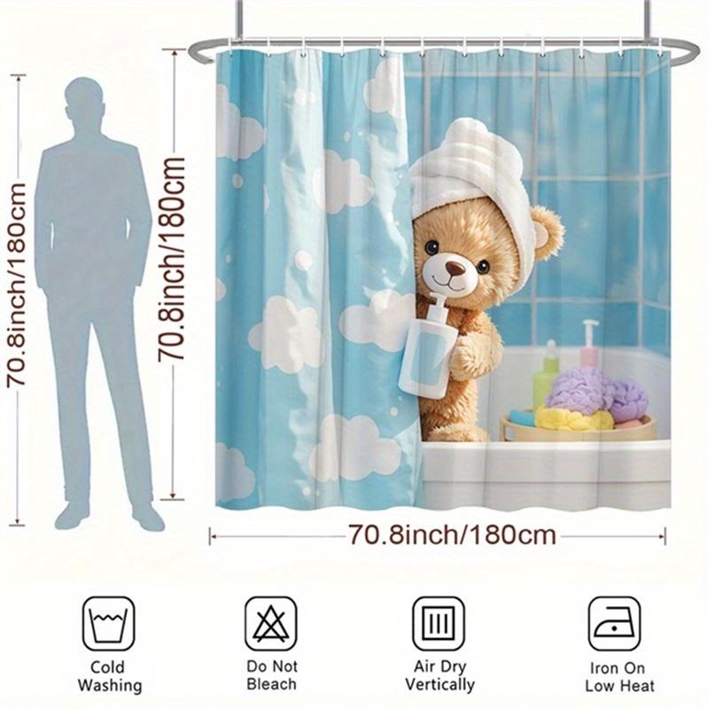 Teddy Bear Shower Curtain - Plush Bear & Towel Design, Blue Clouds, Polyester, 12 Hooks, 70.8x70.8 Inches, Washable
