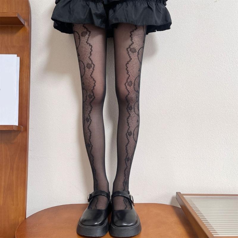 Sheer Mesh Pantyhose Stockings for Women French Elegant Aesthetic Floral Lace Patterned Tights Thin Leggings Hosiery