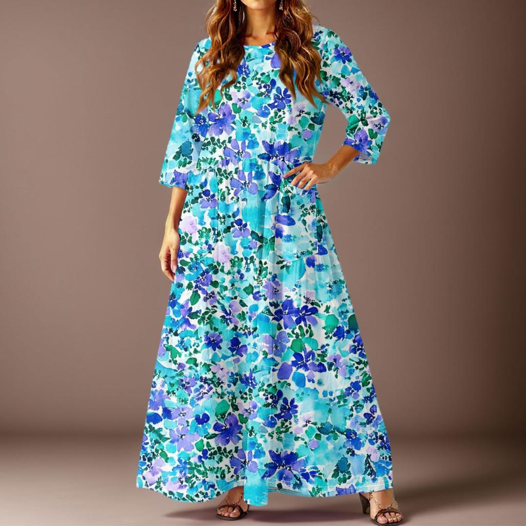 Damen Freizeitmode Blumenmuster Dreiviertelarm Langes Kleid mit Taschen
