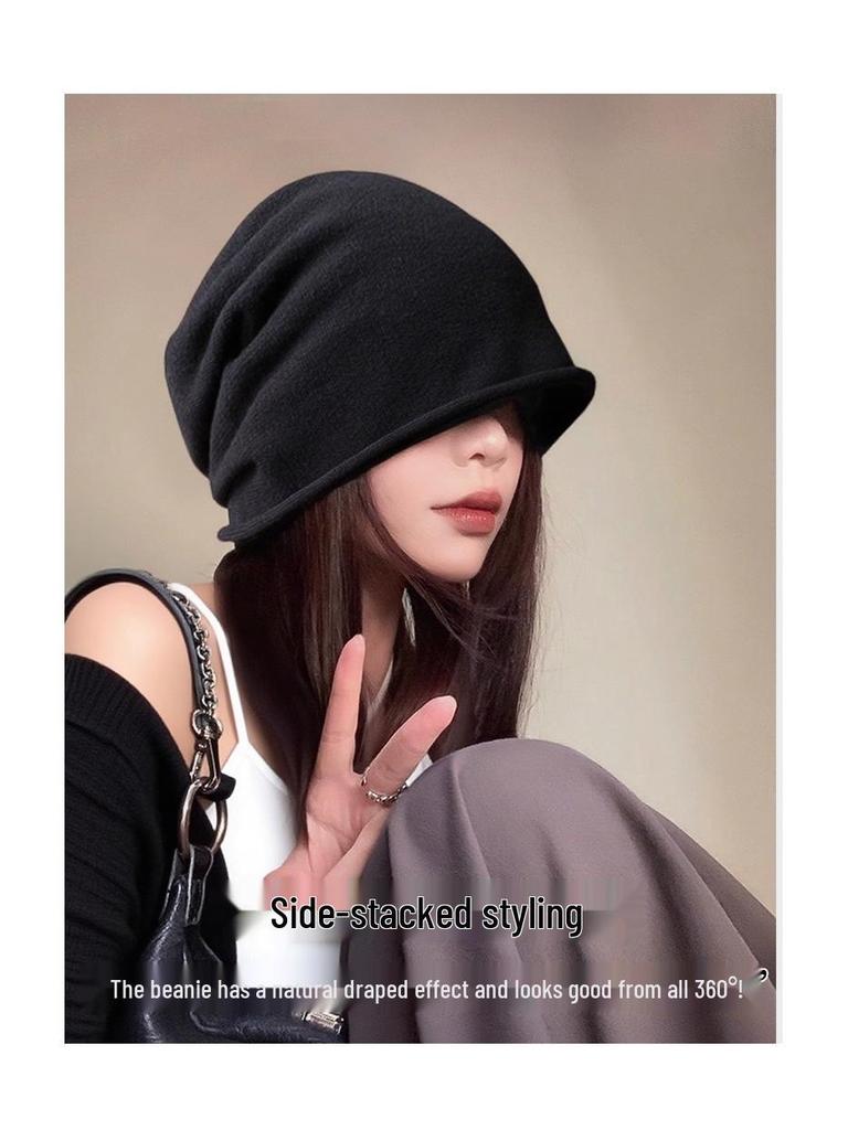 Korean Style Women's Slouchy Beanie - Autumn Winter Fashion, Versatile Roll-up, Warm for Postpartum and Cold Weather