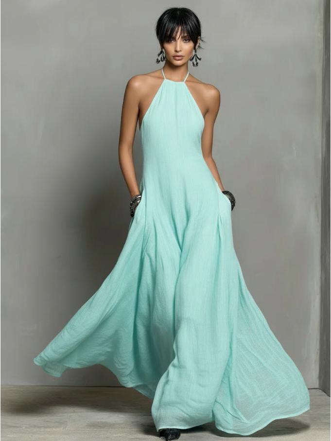 European and American Summer Sleeveless Halter Dress with Pockets – Elegant Slim Fit, Solid Color