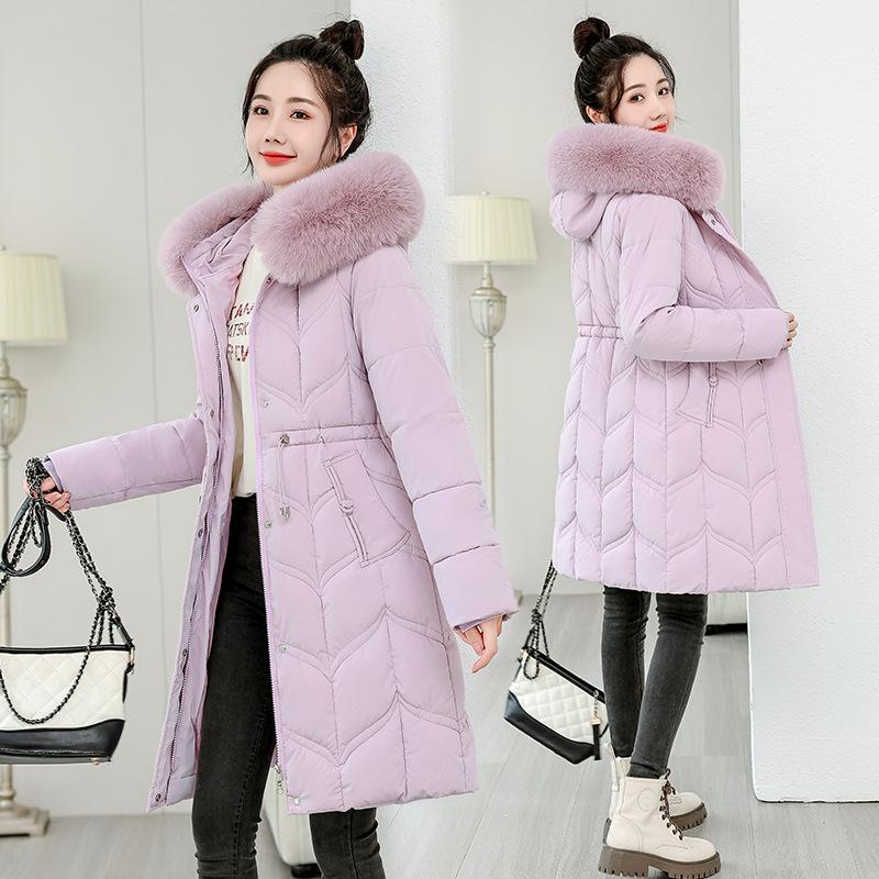 Jachetă căptușită cu bumbac Haine de iarnă pentru femei cu guler mare de blană și puf Nouă Groasă Lungă Coreeană Talie Jachetă căptușită cu bumbac.