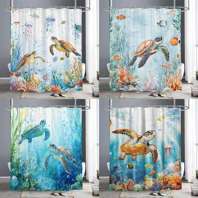 Sea Turtle Shower Curtain, Beach Coastal Sea Turtle Starfish Jellyfish Underwater Creatures Bathroom Decorative Shower Curtains