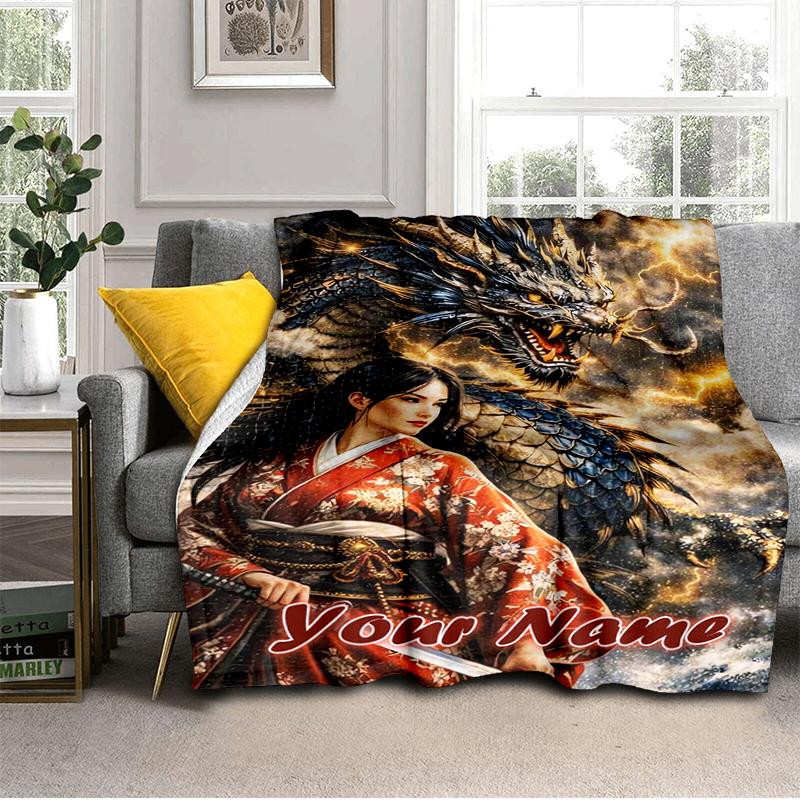 1PC Custom Name Dragon Kimono Warrior Flannel Blanket Versatile,all-season Throw Suitable for the Living Room,bedroom,camping,travel,and Gift
