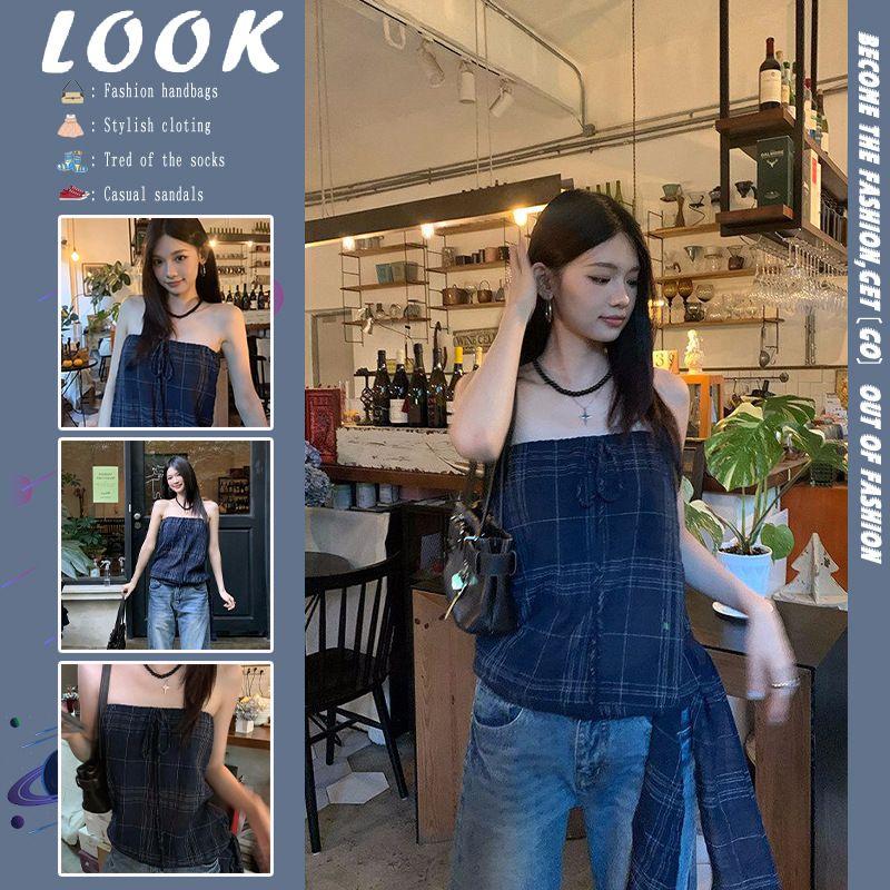 Summer Navy Blue Plaid One-Shoulder Vest for Women, Lace-Up Sleeveless Outerwear, Slim Fit, Flattering, Trendy Top Navy blue S [Excellent Quality]