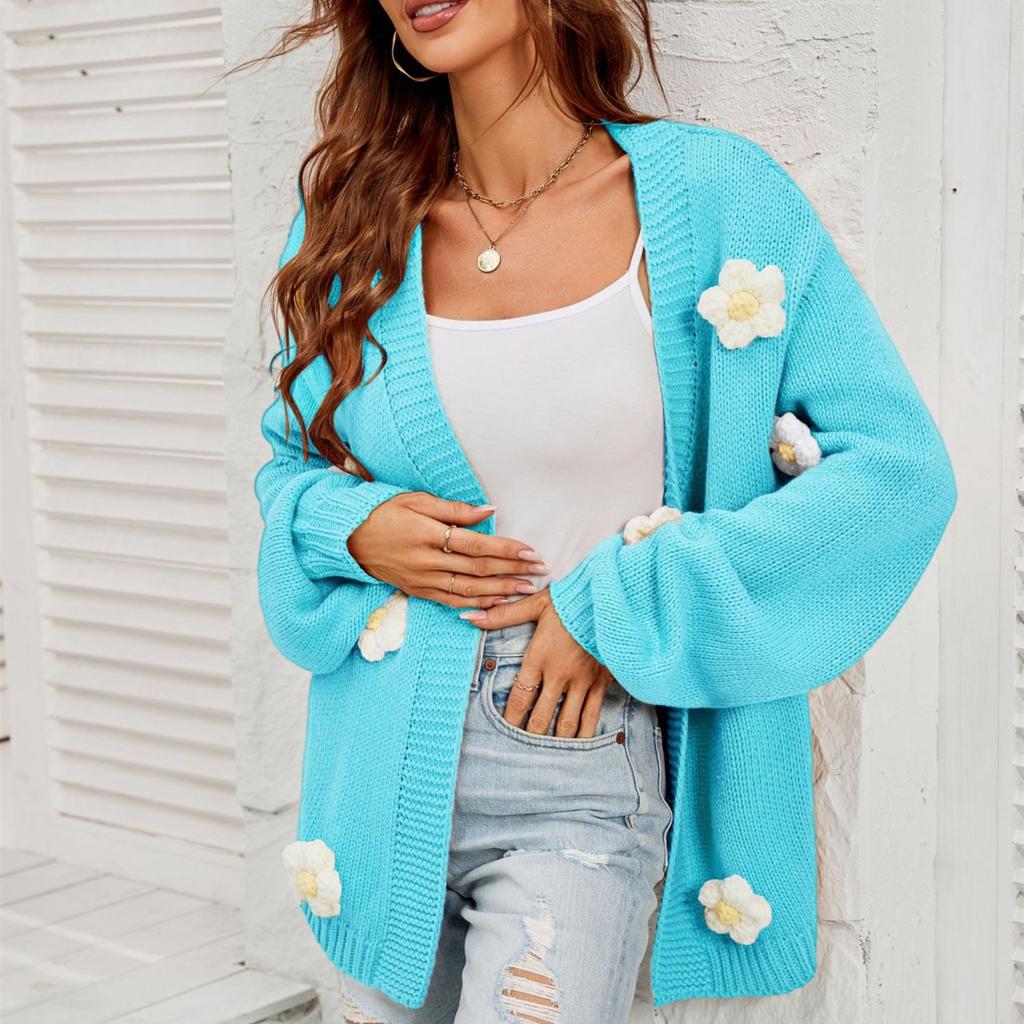 2023 Winterkleid Große Größe Damen Blumen Cardigan Laternenärmel Pullover Mantel