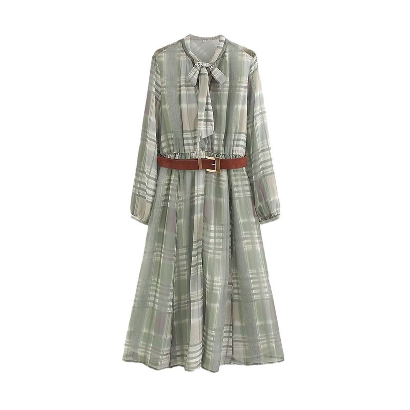 

Kaslead New Arrival Women s Clothing Fashion Style Fashion Minimalist with Belt Printed Checks Midi Dress Green L
