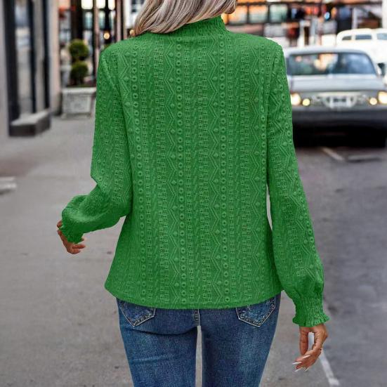Women Shirt Puff Long Sleeve Stand-Up Collar Soft Stretchy Pullover Tops Hollow Design Casual Tops Office Casual Wear