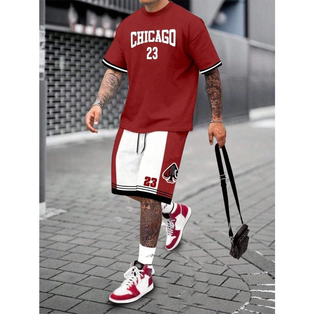 European and American men s fashionable quick drying digital printed T-shirt set a two-piece street breathable short sleeved set S