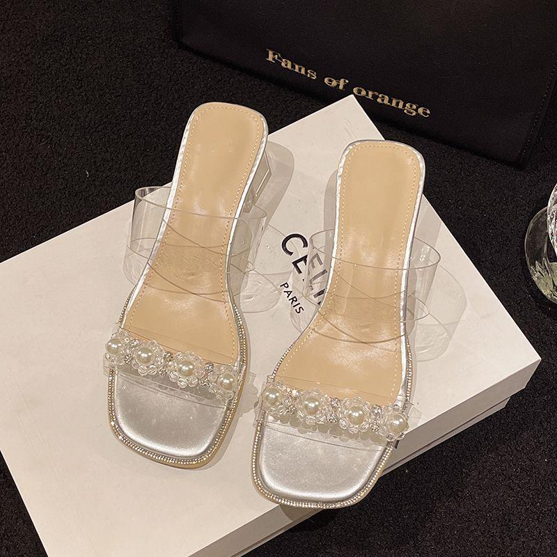 Transparent sandals women's high heels summer 2025 new women's shoes medium heel versatile thick heel outer wear rhinestone cool slippers