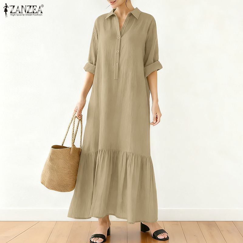 ZANZEA Damen-Kleid, locker, lässig, Umlegekragen, langärmelig, langes Hemdkleid