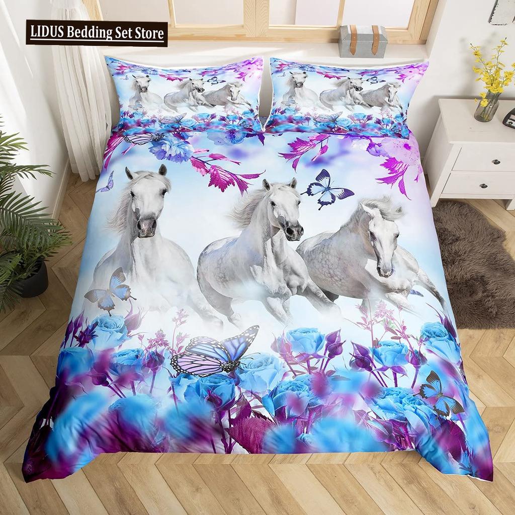 White Horse Duvet Cover Set Queen Size 3D Steed Print Bedding Sets Wildlife Comforter Cover Animals Bedspread Cover Quilt Cover