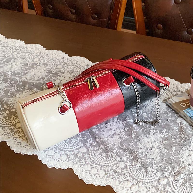 Bolsos de Hombro con Cadena de Moda Para Mujer Color de Contraste Cuero Pu Bolso de Mano Costura Tricolor Bolso Cilíndrico Casual Pequeña Capacidad Bolso Cruzado