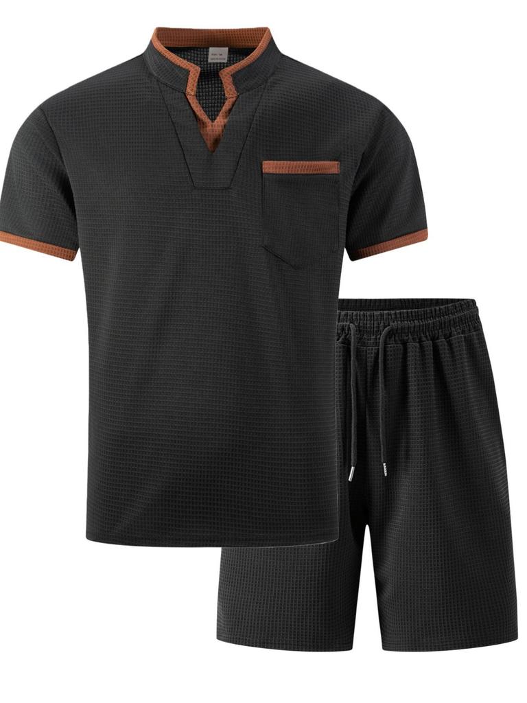 Men's V-neck Short Sleeve T-shirt with Large Pocket and Shorts Casual Two-piece Set - Summer Style