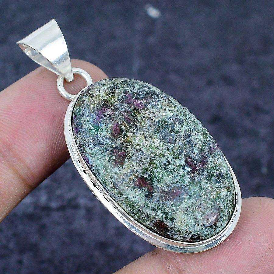 Natural Ruby Fuchsite Gemstone 925 Sterling Silver Jewelry Pendant 2.05" M1v64
