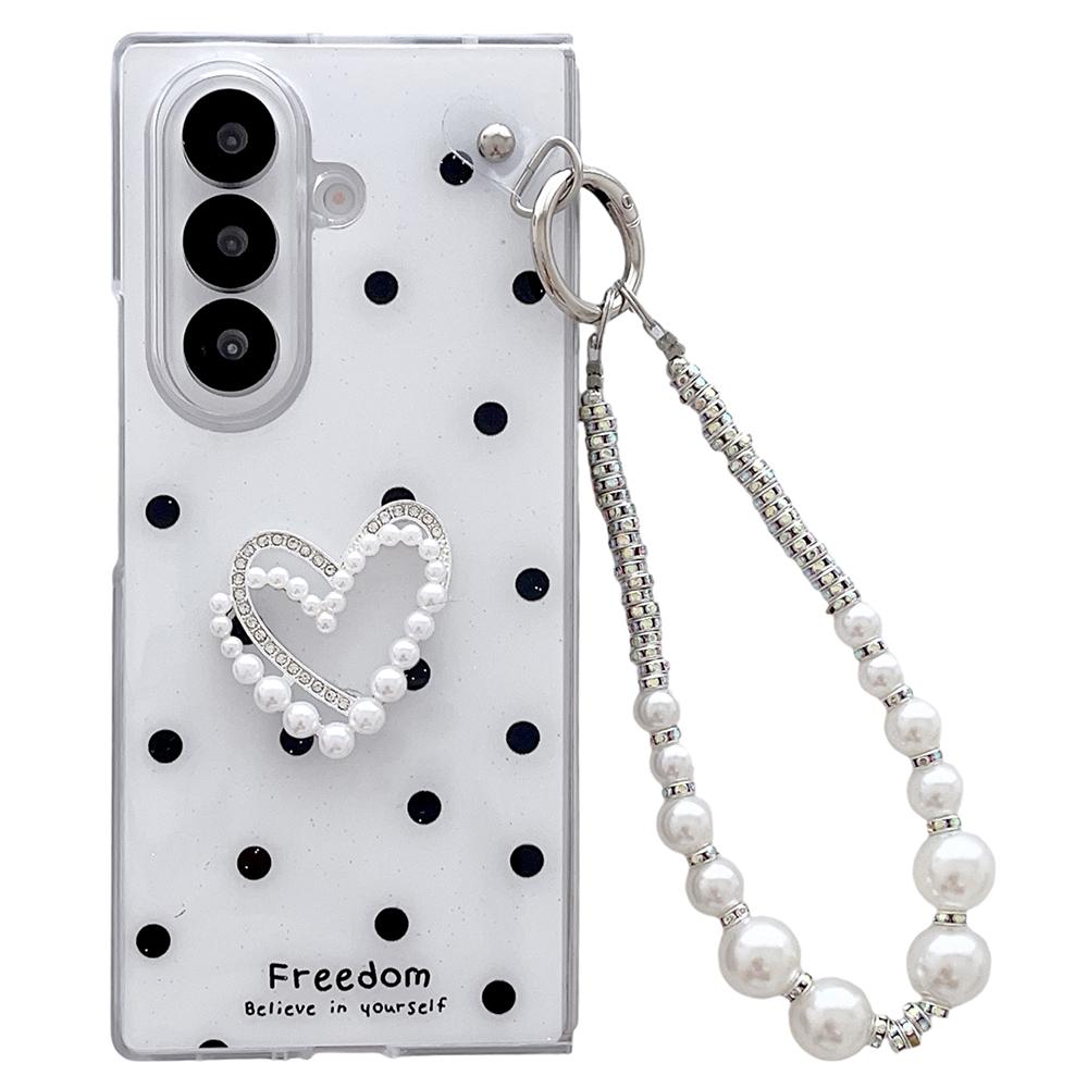 For Samsung Galaxy Z Fold7 5G Case Glitter DIY Heart Charm Phone Cover with Wrist Strap