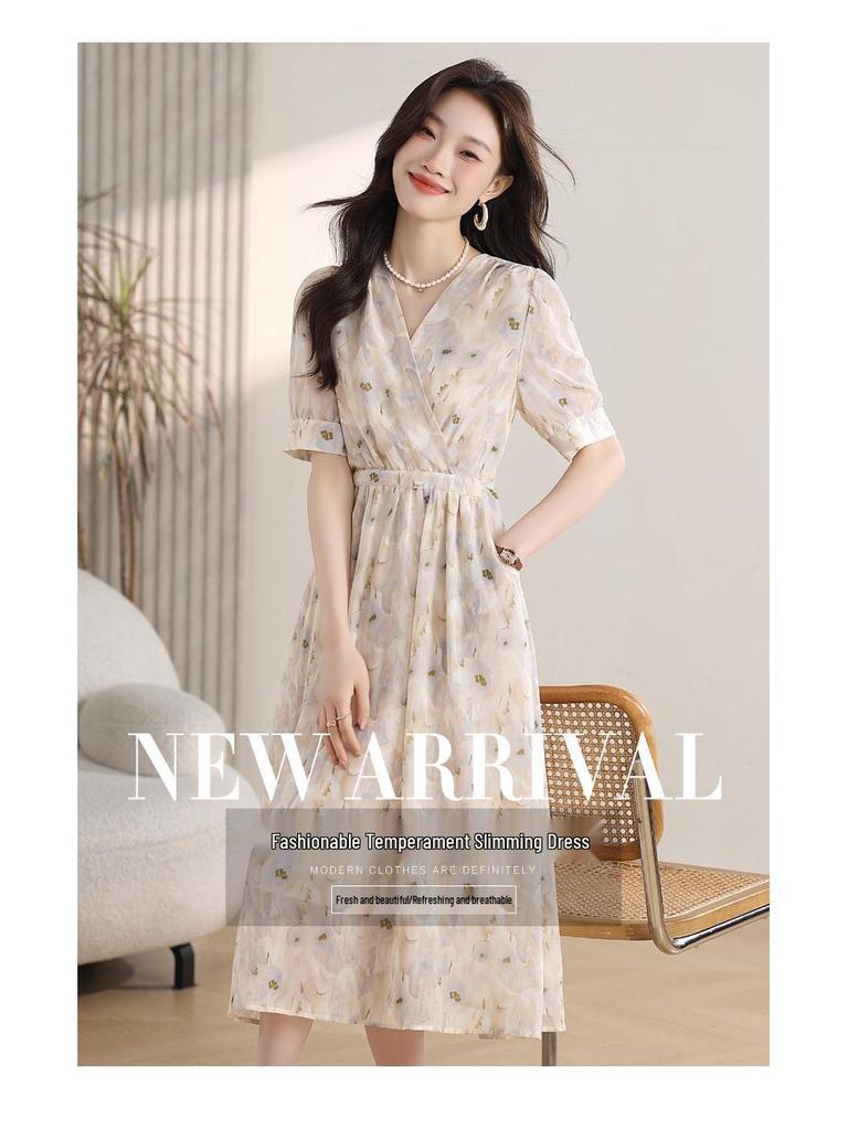 Gentle Floral Print V-Neck Summer Dress for Women - Elegant French Tea Break Style