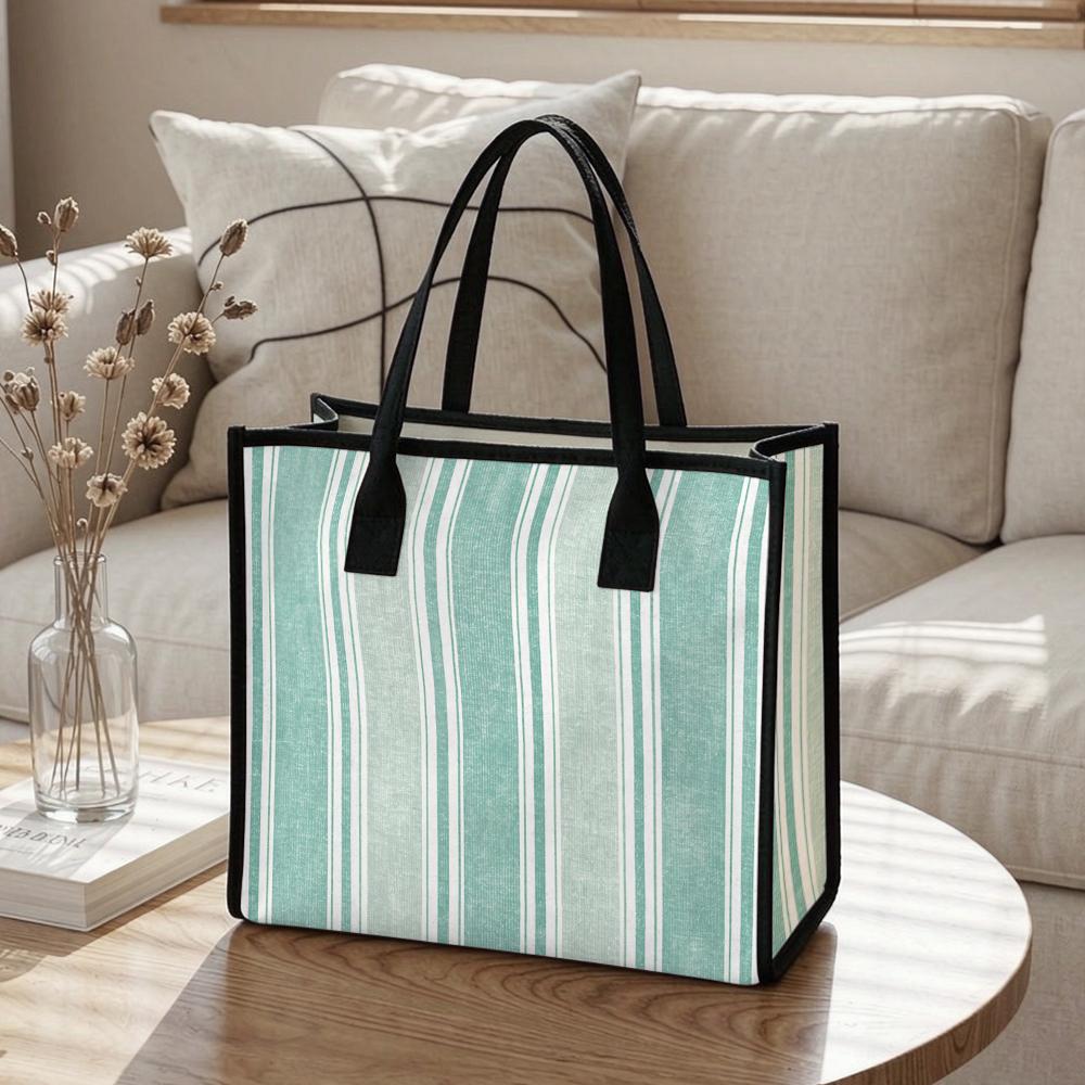 Green Striped Tote Bag Casual Large Daily Use Shoulder Handbag