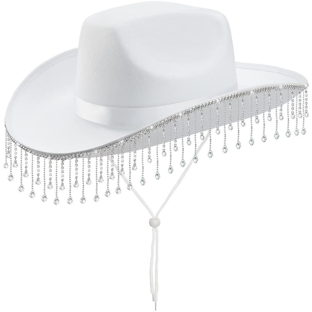 

Fashion Shiny Western Cowboy Hat Wide Brim Glitter Cowgirl Hat Ethnic Style Punk Rhinestone Tassels Jazz Hat Ladies XS（old） білий