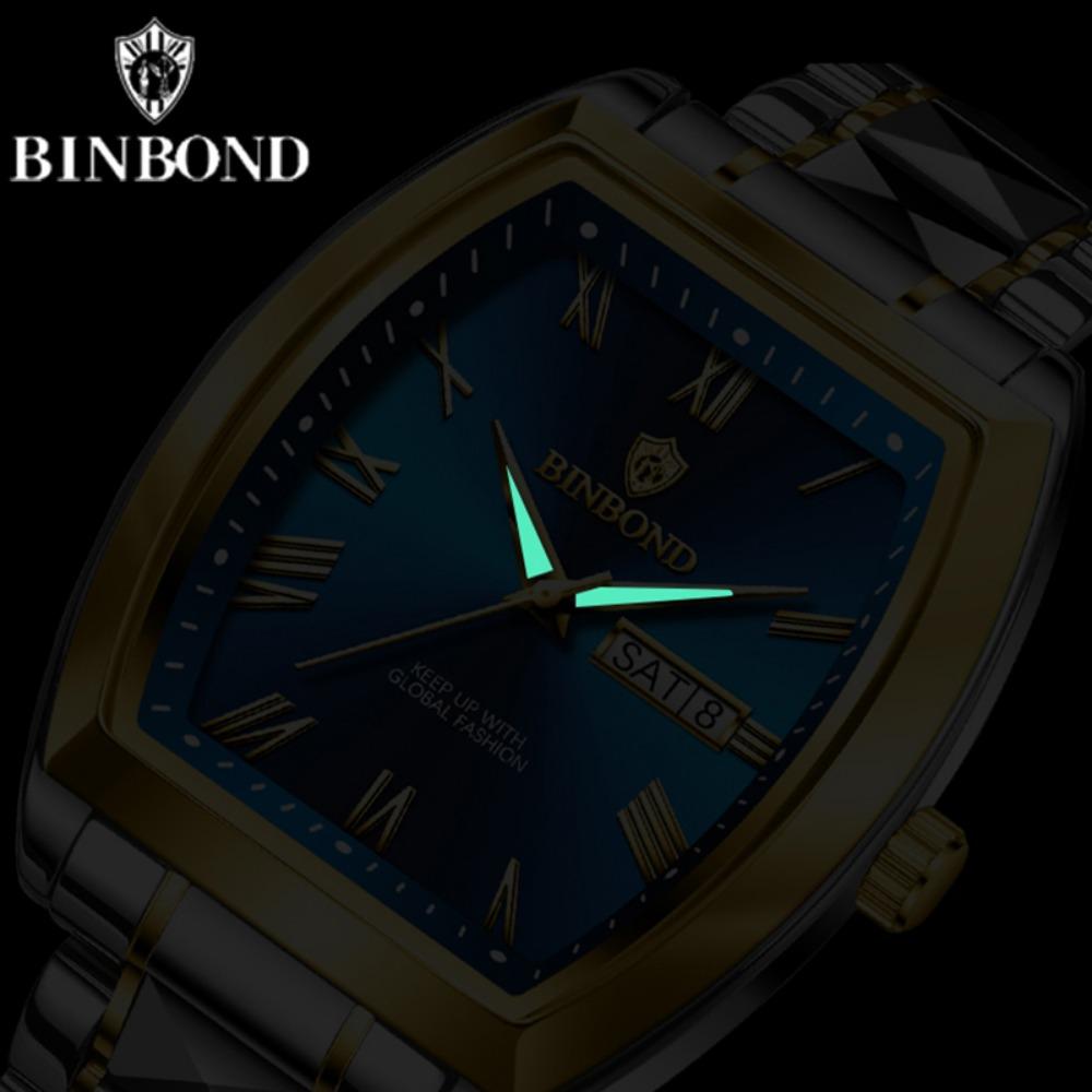 BINBOND B355 Stainless Steel Men Watch Top Quailty Luxury Push Button Hidden Clasp Waterproof Luminous Date Week Sport Men Watch